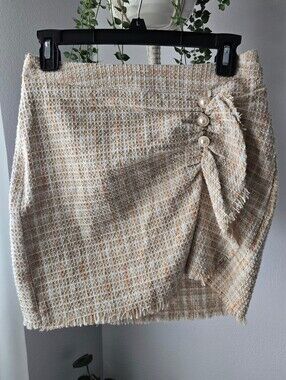 SHEIN Beige Tweed Faux Wrap Mini Skirt with Pearl Buttons & Fringe – Size S